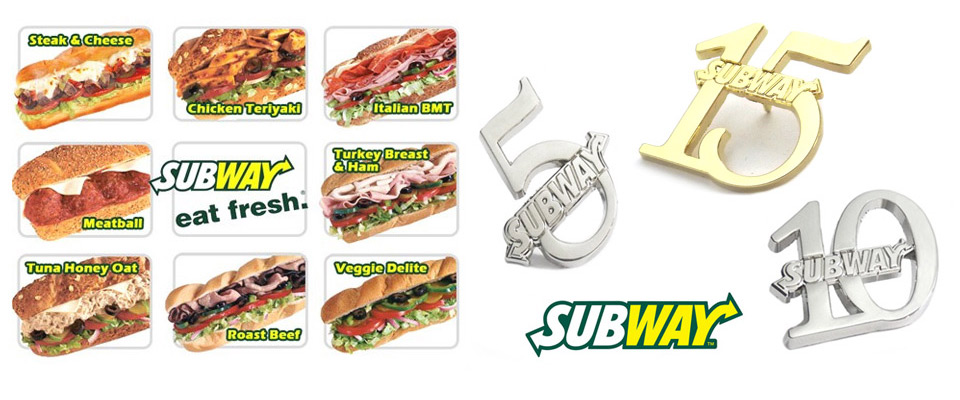 Subway silver and gold plated personalised lapel pin badges